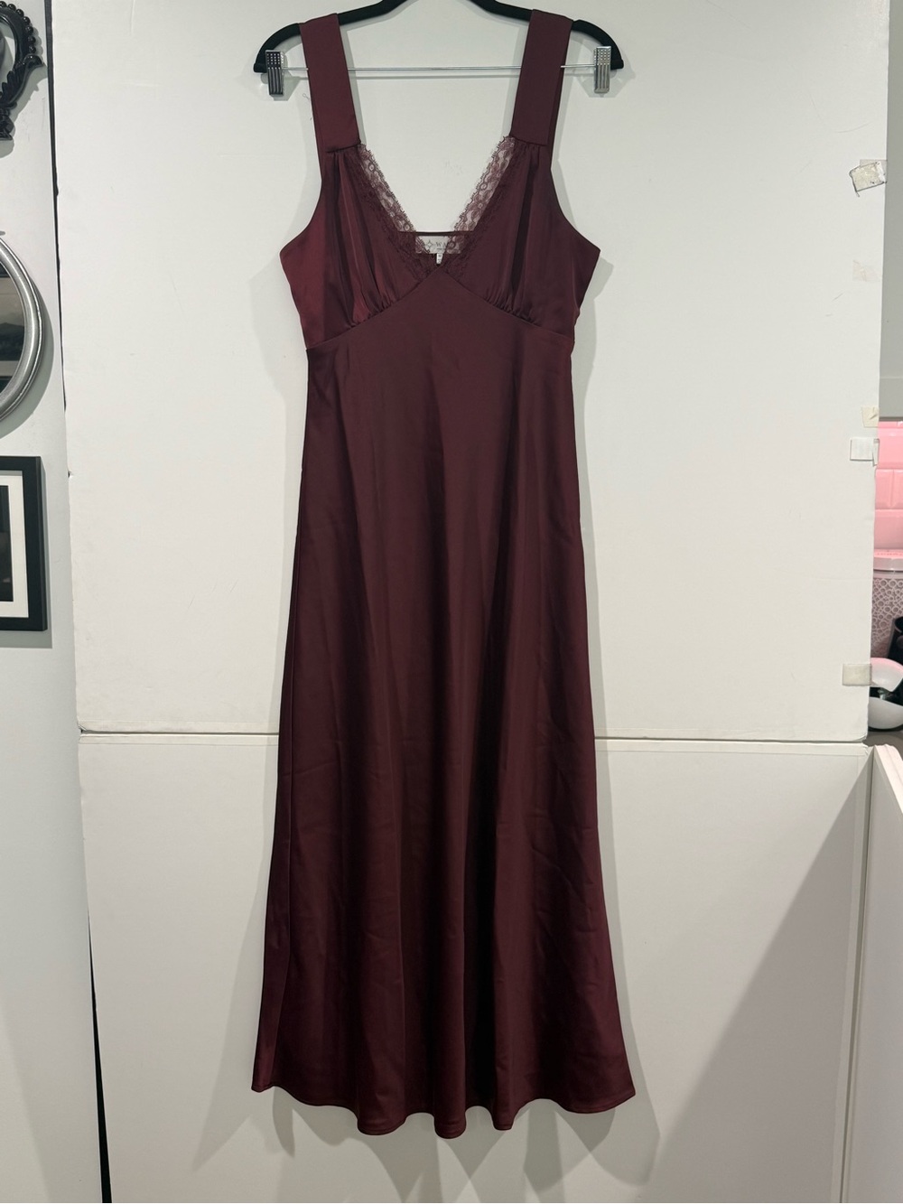 Wayf Burgundy Lace-Trim Satin Slip